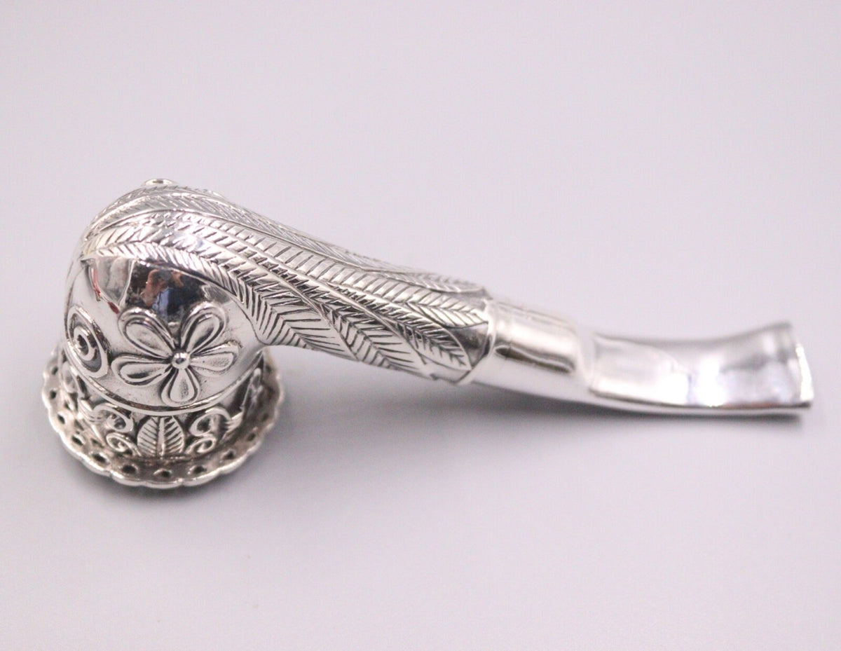 Silver Tobacco Pipe Men Carved Flower Leaf Pattern Pipe 88g
