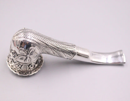 Silver Tobacco Pipe Men Carved Flower Leaf Pattern Pipe 88g