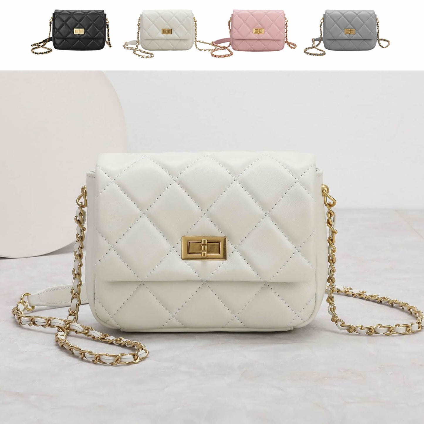 Small Mini Quilted Sheepskin Leather Flap Purse Shoulder Bag Handbag w/ Chain