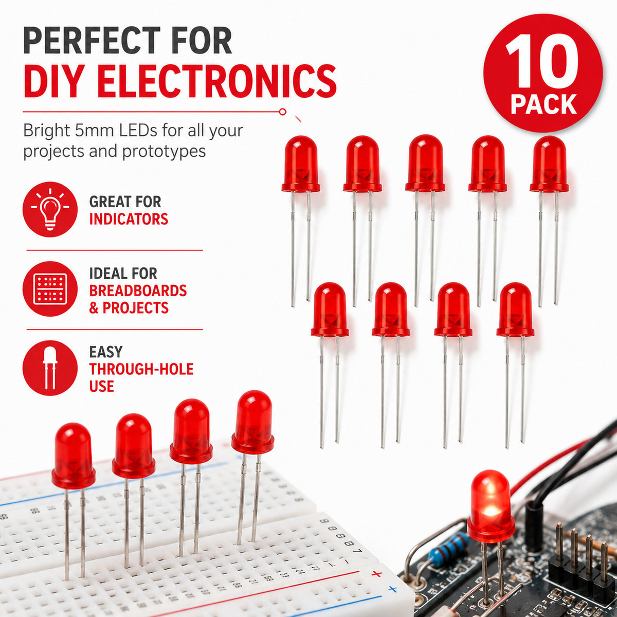 100 Pack Diffused Lens LEDs - Standard - Bright Red - 5mm