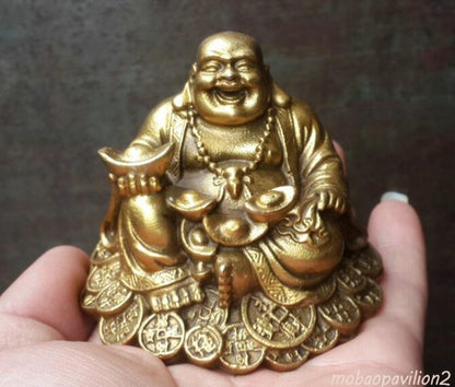 2.9inch Copper Buddhism Wealth Yuanbao Laugh Maitreya Buddha Statue Decoration