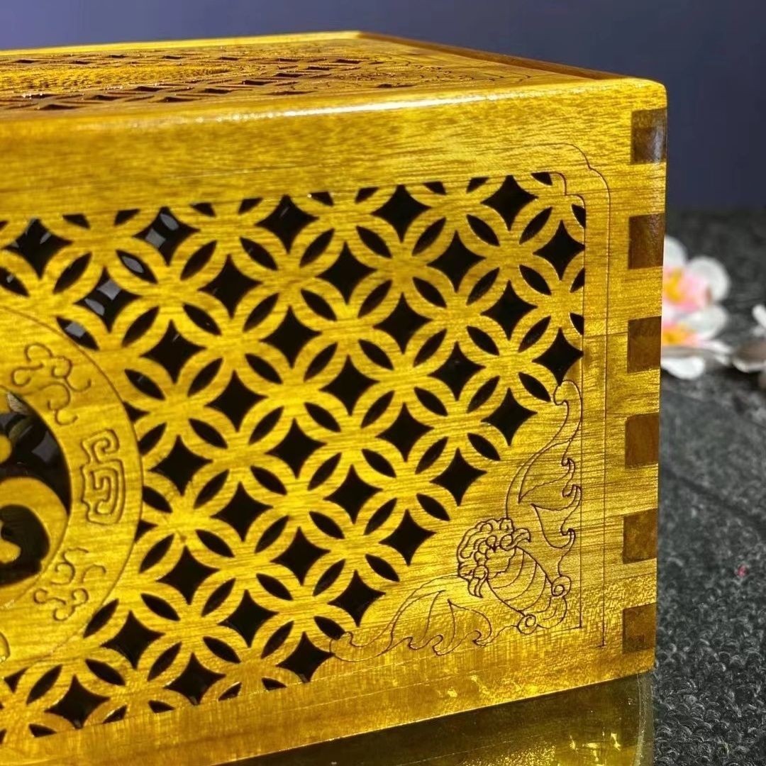 Small Leaf Golden Nanmu Tissue Box 8.66in Hollow Carved Five Blessings