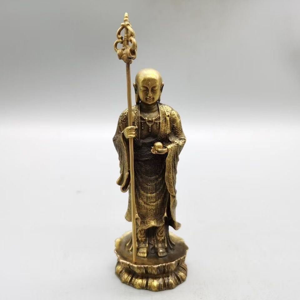 Vintage Bronze Kṣitigarbha Buddha Statue - Standing Figure with Khakkhara