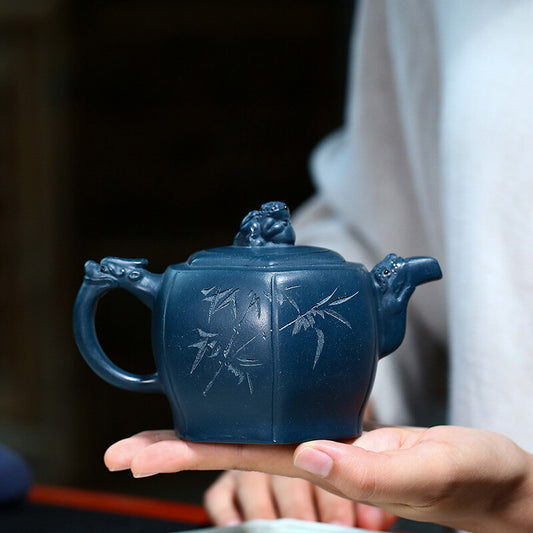 5.8"Chinese Yixing Zisha Pottery Celeste Clay 350ML Six Sides Beast Teapot 六方祥瑞