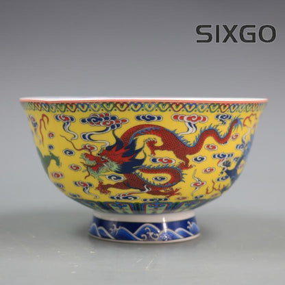 Collect Qing Famille Rose Porcelain Yellow Ground Dragon Bowl