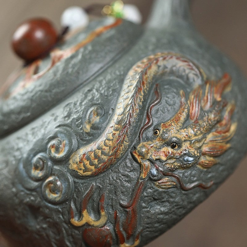 Archaistic Gong Chun Tea pot With Dragon Pearl Design Original Green Zisha Clay