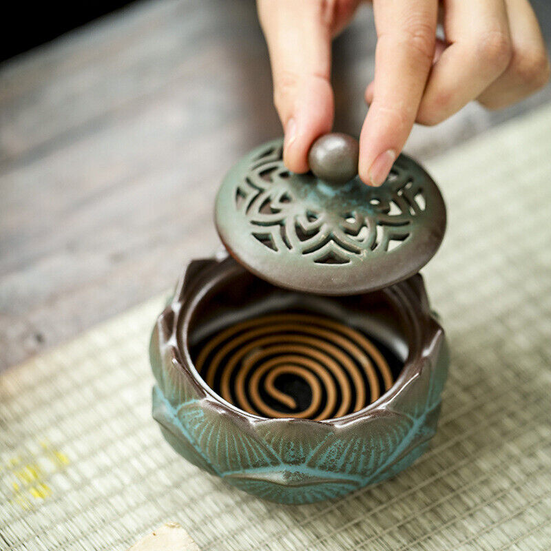Chinese Retro Hollowed Out Lotus Green Pottery Plate Incense Burner Sandalwood