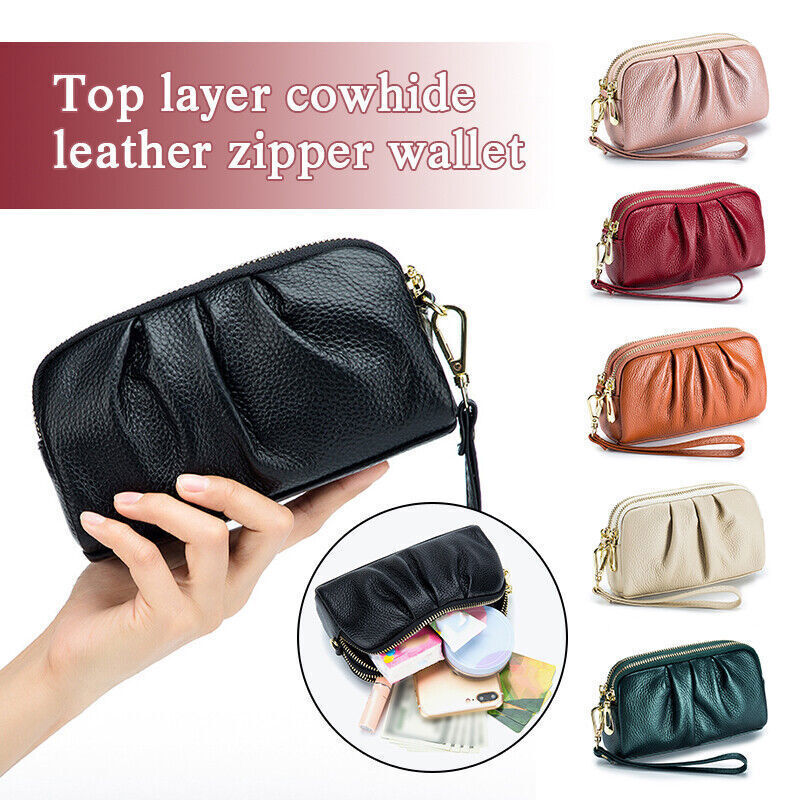 Women Hand Collar Leather Bag Zipper Large Capacity Cowhide Phone Clutch Wallet