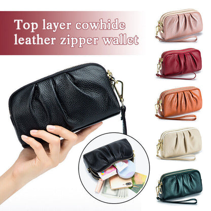 Women Hand Collar Leather Bag Zipper Large Capacity Cowhide Phone Clutch Wallet