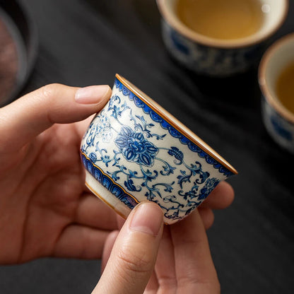 65ml Ru Kiln Blue and White Entangled Lotus Round Tea Cup Exclusive Single Cup