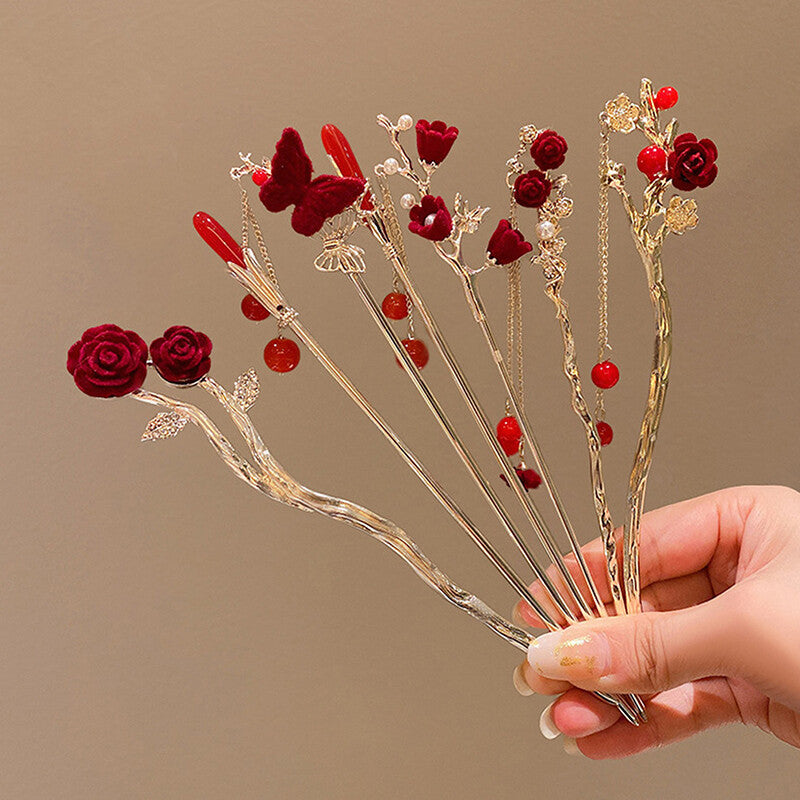 Retro Rose Hairpin For Women Chinese Style Tassel Hair Stick Pins Hair Clips
