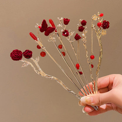 Retro Rose Hairpin For Women Chinese Style Tassel Hair Stick Pins Hair Clips