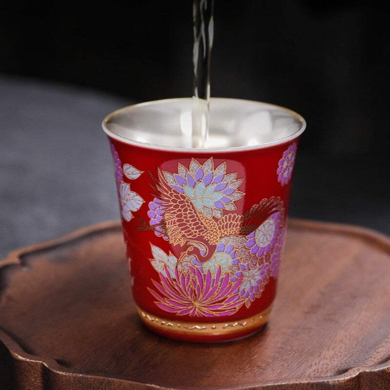One Cup Ceramic Sterling Silver Tea Cup Antique Style Peony Flower Print Teacups