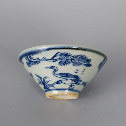 3.2 Inch Blue and White Porcelain Small Bowl Antique Chinese Deer Crane Teacup