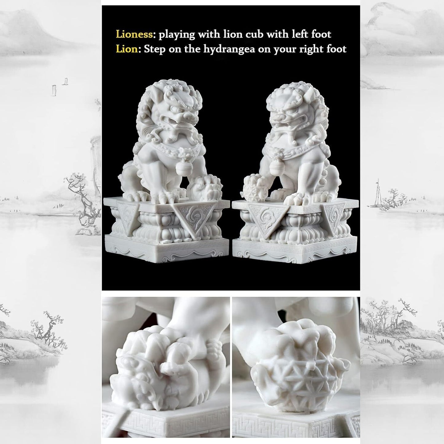 Foo Dogs Statues Pair Marble Feng Shui Guardian Lion Statues