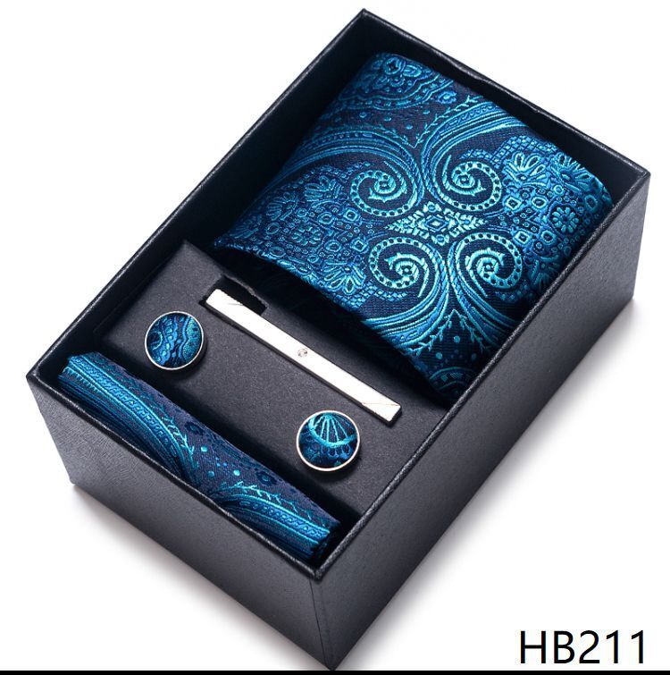 Men Neckties 5Pcs Business Ties Hanky Cufflink Set Clips Corbatas Gift Box 7.5cm