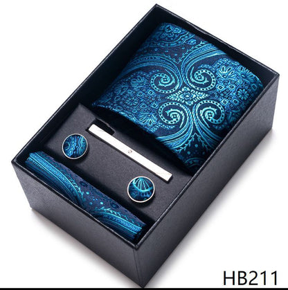 Men Neckties 5Pcs Business Ties Hanky Cufflink Set Clips Corbatas Gift Box 7.5cm