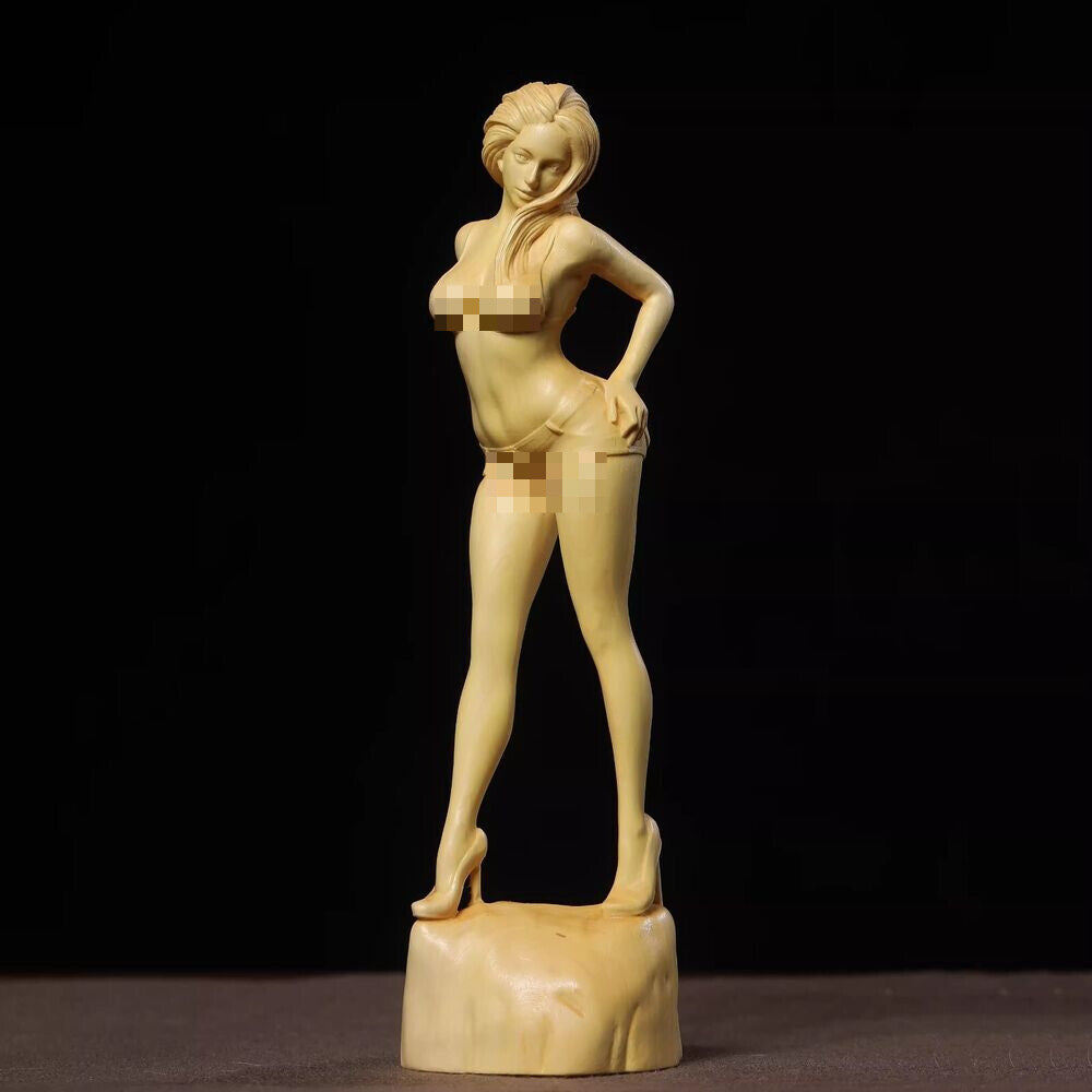 8.7" Boxwood Carved Hot Girl Statue Buauty Figure Model Sculpture Art Home Decor