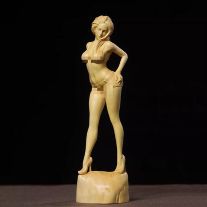 8.7" Boxwood Carved Hot Girl Statue Buauty Figure Model Sculpture Art Home Decor