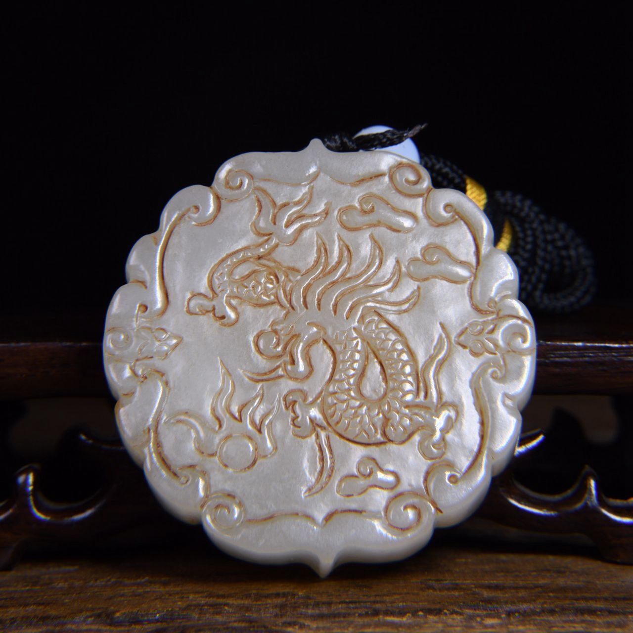 Chinese Natural Hetian Jade Carved Dragon Phoenix Statue Lucky Pendants Jewelry