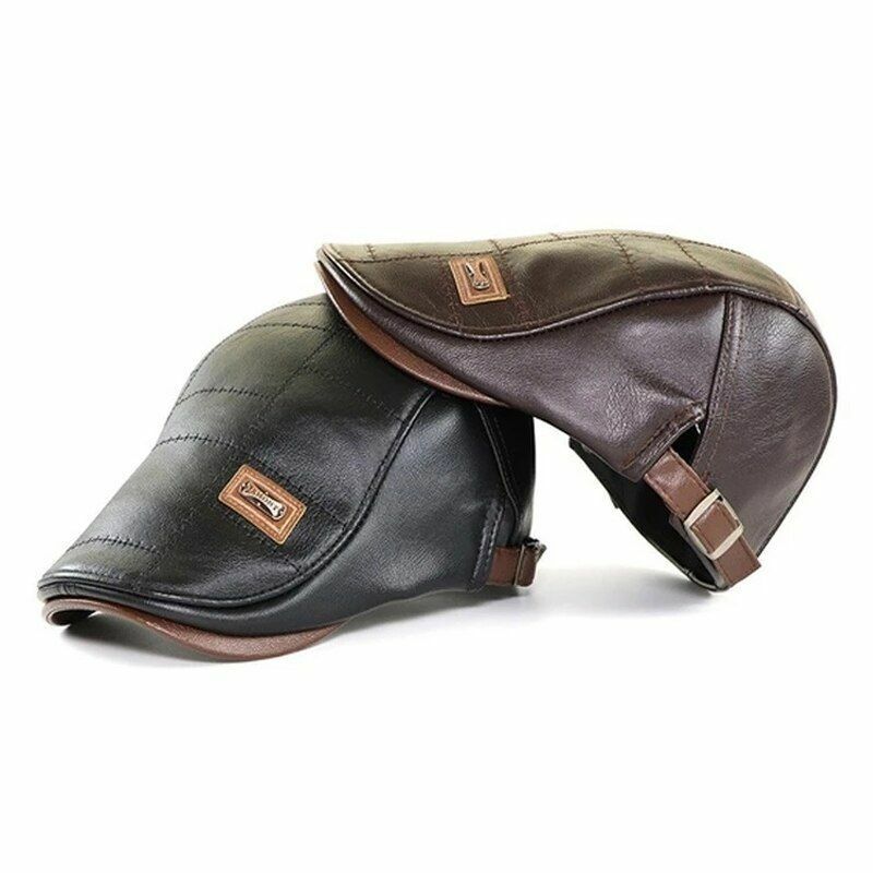 Winter Leather Cap Hat Warm Vintage Flat Casual Patchwork Beret Hiking Male