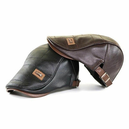 Winter Leather Cap Hat Warm Vintage Flat Casual Patchwork Beret Hiking Male