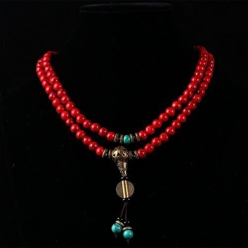 108 Prayer Beads Tibet Buddhist Red Howlite Turquoise Mala Necklace--8mm