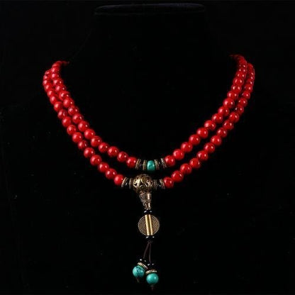 108 Prayer Beads Tibet Buddhist Red Howlite Turquoise Mala Necklace--8mm