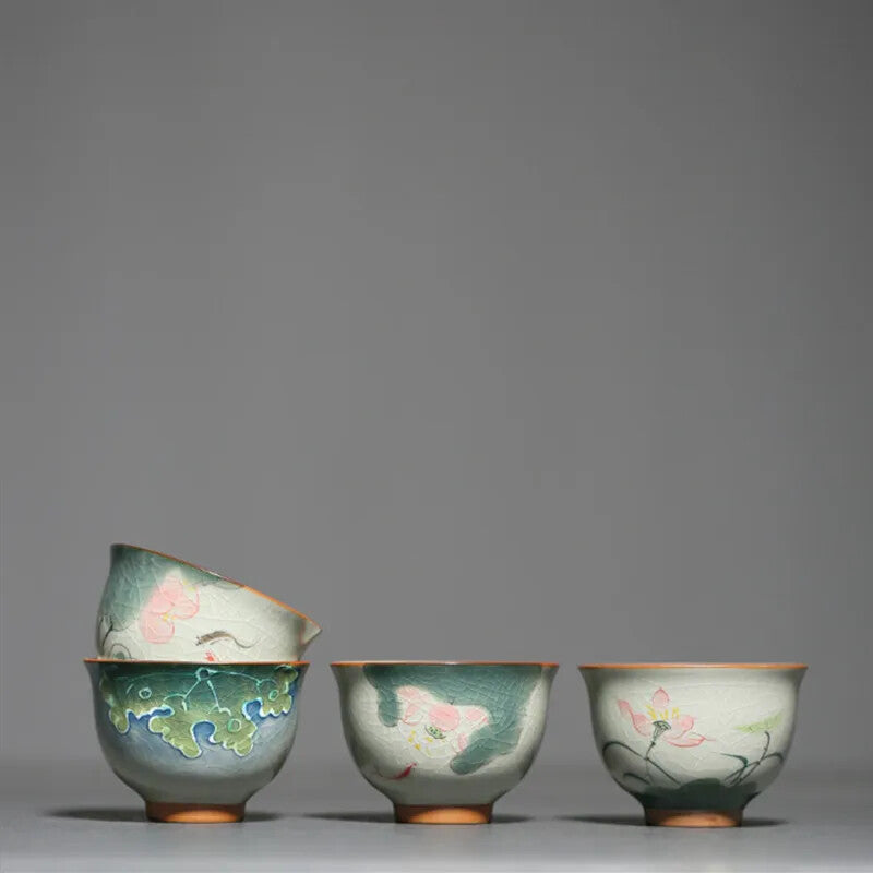 1Pc Chinese Tradition Handmade Ice-cracking Glaze Lotus Pattern Tea Bowl Teacup
