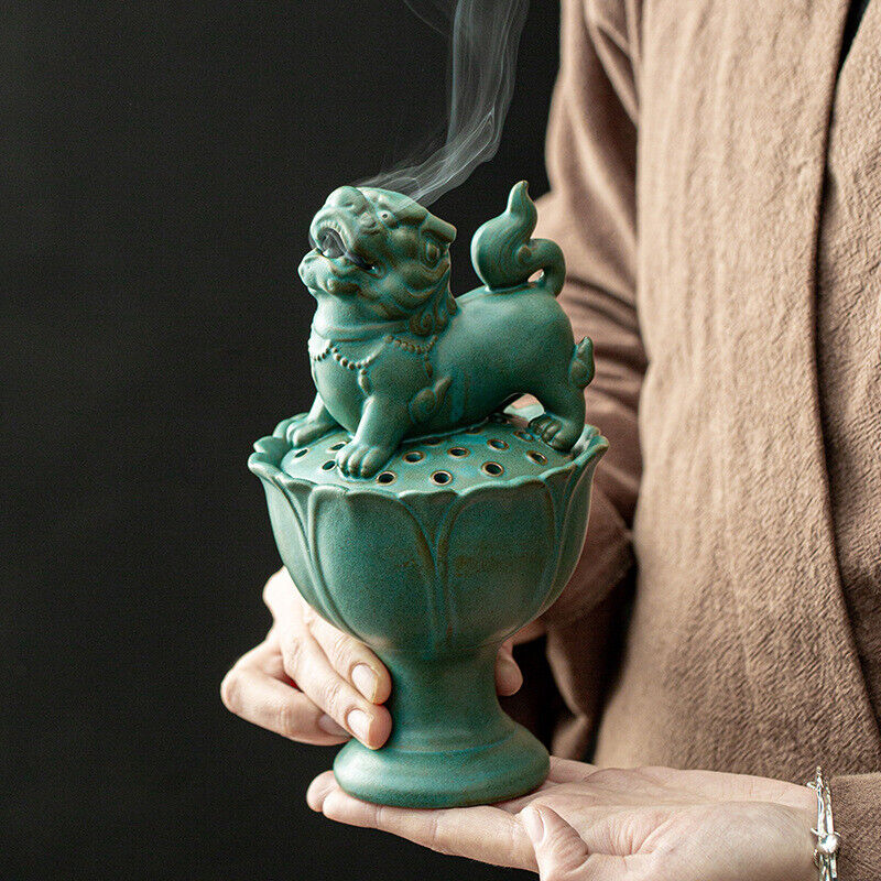 Foo Dog Fyi Statue Lotus Carved Incence Burner Porcelain Decoration Zen Style