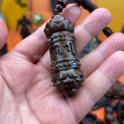 China Tibetan Natural Wood Carving Buddhism Blessing Om mani padme hum Necklace