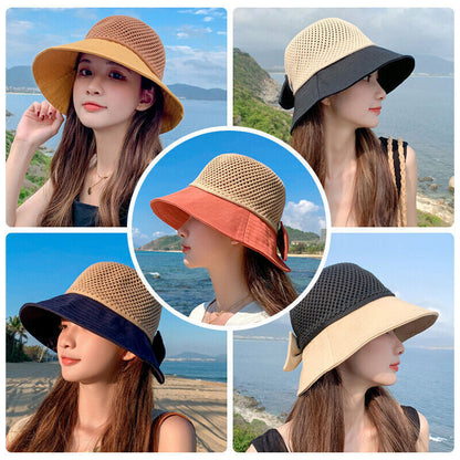 Women Ladies Summer Sun Beach Straw Hat Floppy Wide Brim Foldable Cap Bucket Hat