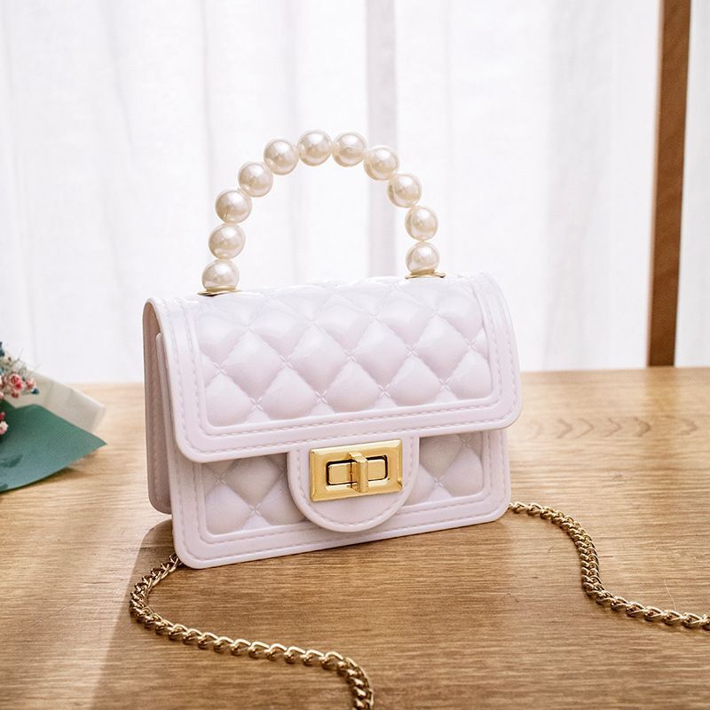 Women Bags Pearl Chain Pvc Mini Jelly Shoulder Bags Traveling Square Jelly Bag