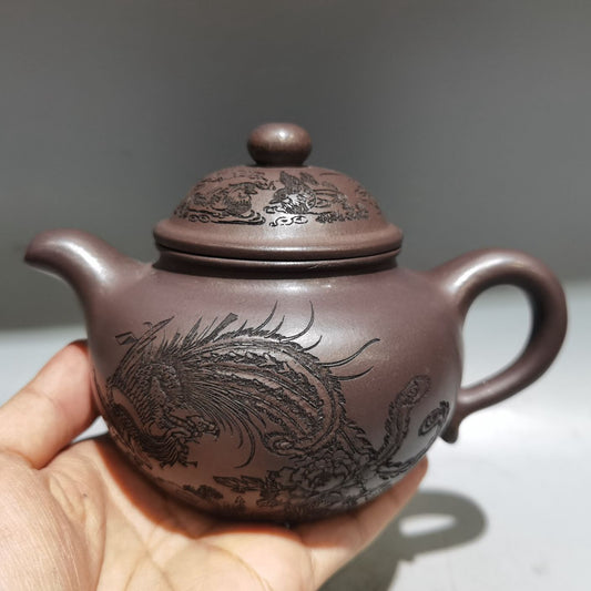 Vintage Chinese Yixing Purple Clay Teapot Zisha Ceremony Carving Phoenix Teaware