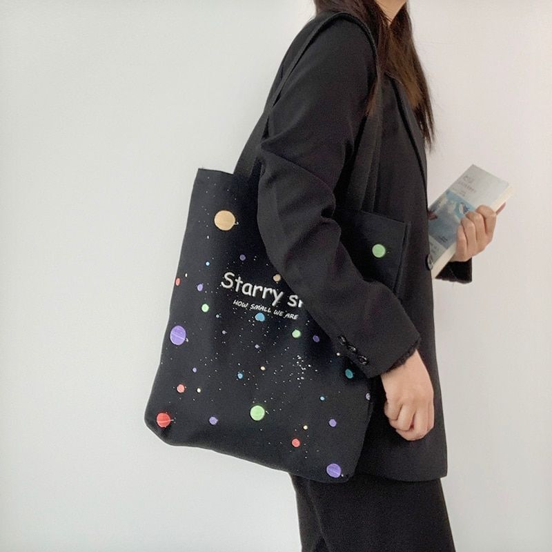 Shoulder Bag Canvas Tote Large Shopper Bag Zipper Starry Sky Print Handbag 1 PC