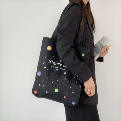 Shoulder Bag Canvas Tote Large Shopper Bag Zipper Starry Sky Print Handbag 1 PC
