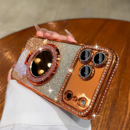 IPhone17 Magnetic Glitter Mobile Phone Case Rhinestone Mirror Invisible Bracket