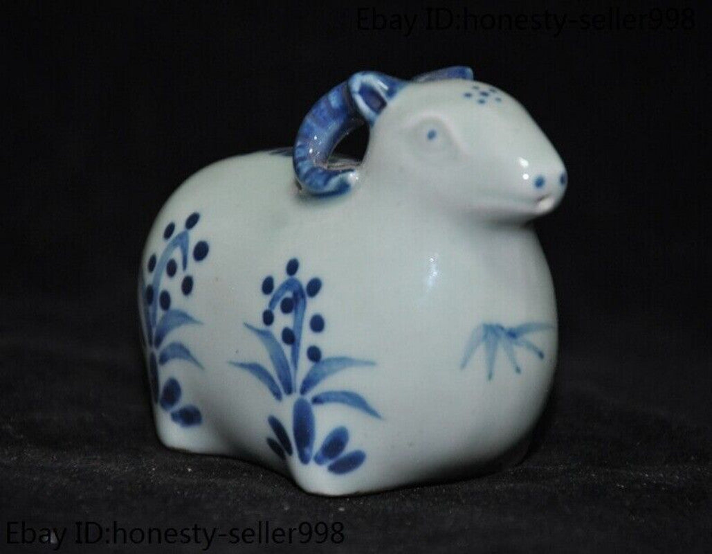 3.2'' Antique Blue White Porcelain Wealth Lucky Zodiac Sheep Goat Statue Crafts