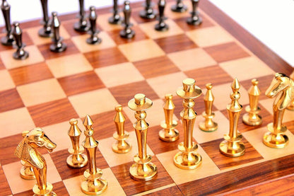 Folding Wooden Handmade Antique Chess Set Board with Brass Pieces 14" x 14"