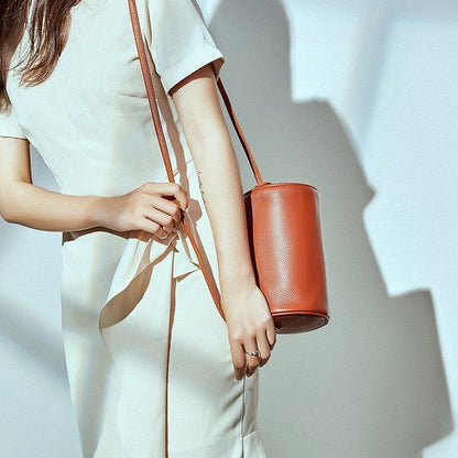 Genuine Leather Bag Crossbody Pouch Round Bags Soft Shoulder Bag Barrel-shaped