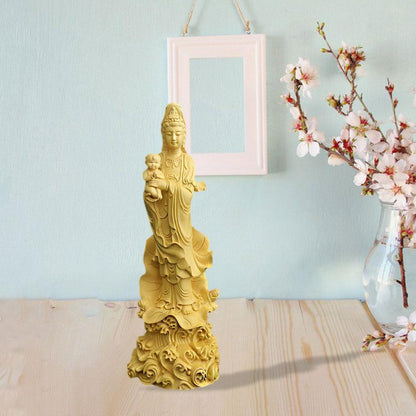 Boxwood Guanyin Sculpture Kwan-Yin Buddha Statue for Home Desktop Decoration