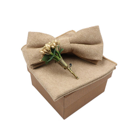 Men Bow Ties 3Pcs Cotton Handkerchief Flower Brooch Women Party Wedding Necktie