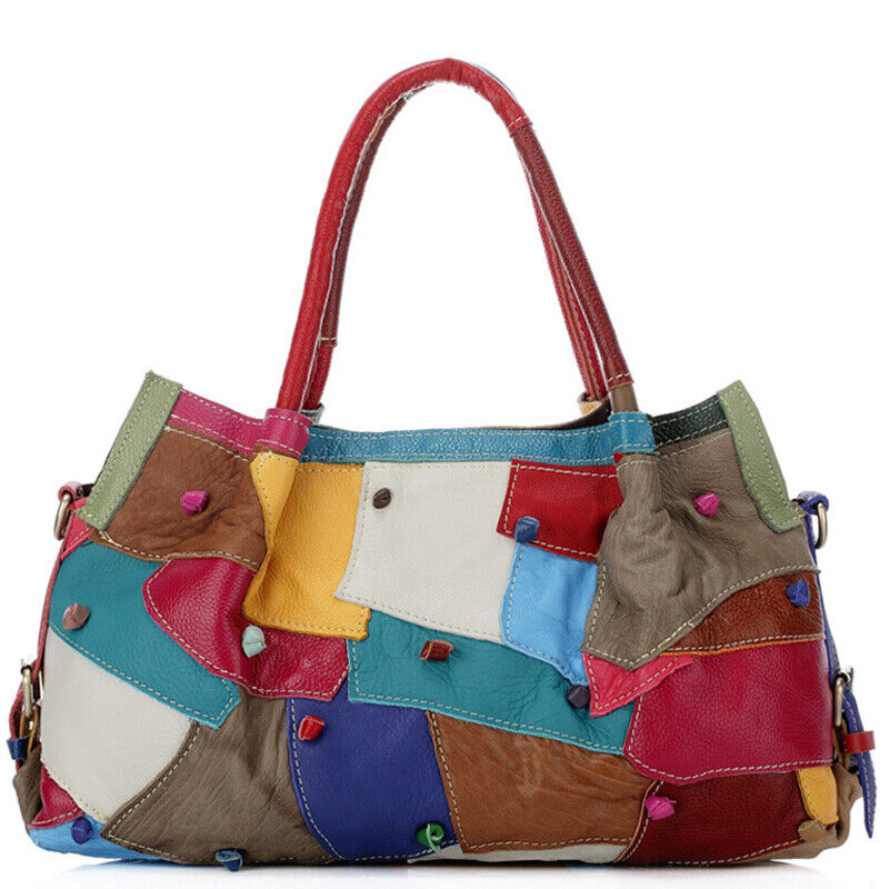 100% Genuine Leather Colorful Blocks Patchwork Handbag Women's Tote Shoulder Bag