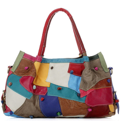 100% Genuine Leather Colorful Blocks Patchwork Handbag Women's Tote Shoulder Bag