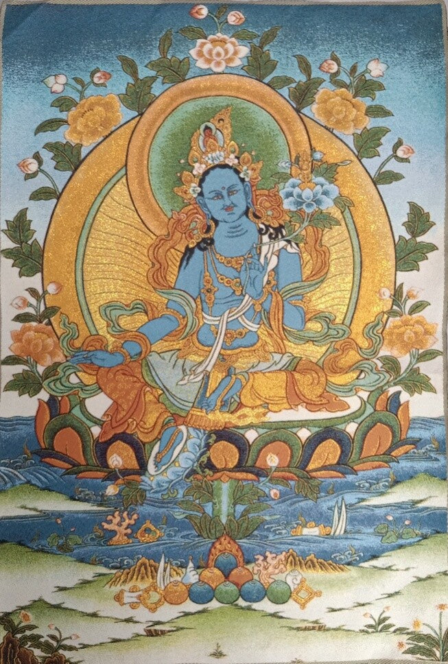 36" Tibet Tibetan Cloth Silk Buddhism Blue Tara Guanyin Tangka Thangka Mural