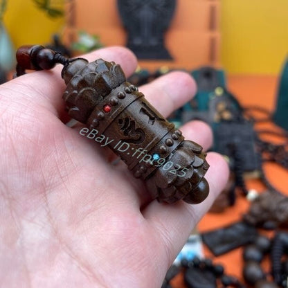 China Tibetan Natural Wood Carving Buddhism Blessing Om mani padme hum Necklace