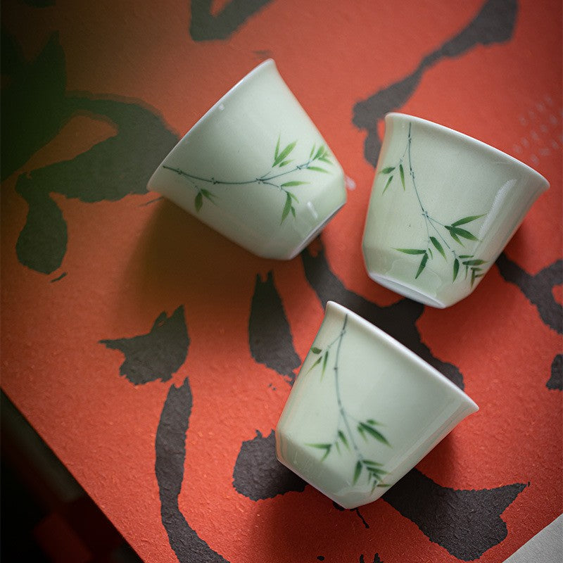 Hand Painted Dark Green Bamboo Small Tea Cup Chinese Style Fragrant Tea Cup