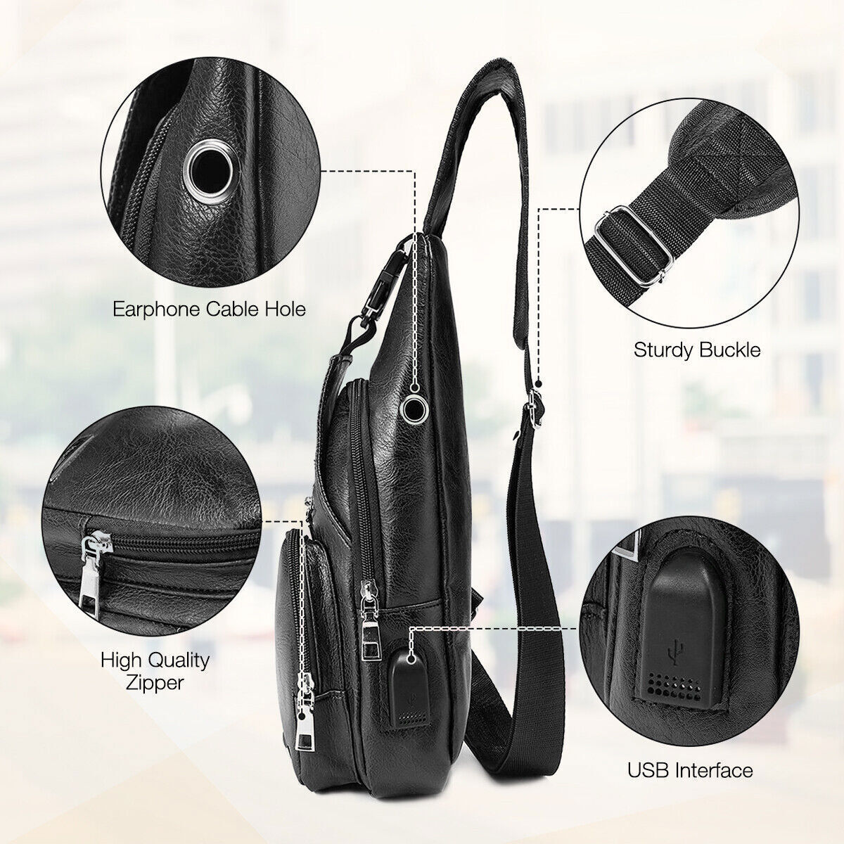 Men Leather Sling Bag Chest Shoulder Crossbody Backpack USB Charging Port Travel