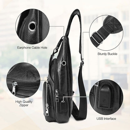 Men Leather Sling Bag Chest Shoulder Crossbody Backpack USB Charging Port Travel