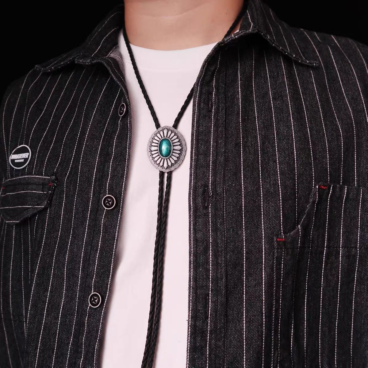 100cm Vintage Bolo Tie Blue Stone Inlay Adjustable Western Cowboy Neck Accessory